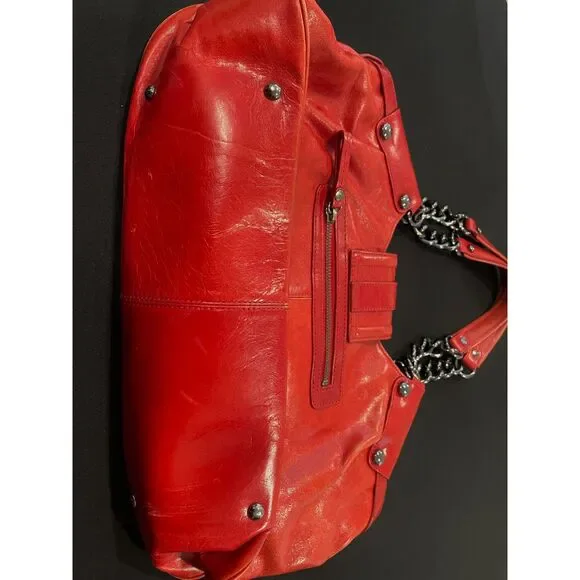 ~ Kenneth Cole NY leather bag shoulder purse brick red, double strap metal chain - Picture 13 of 16